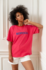 T-SHIRT BOPOCO RÓŻOWY Z CZERWONĄ LAMÓWKĄ