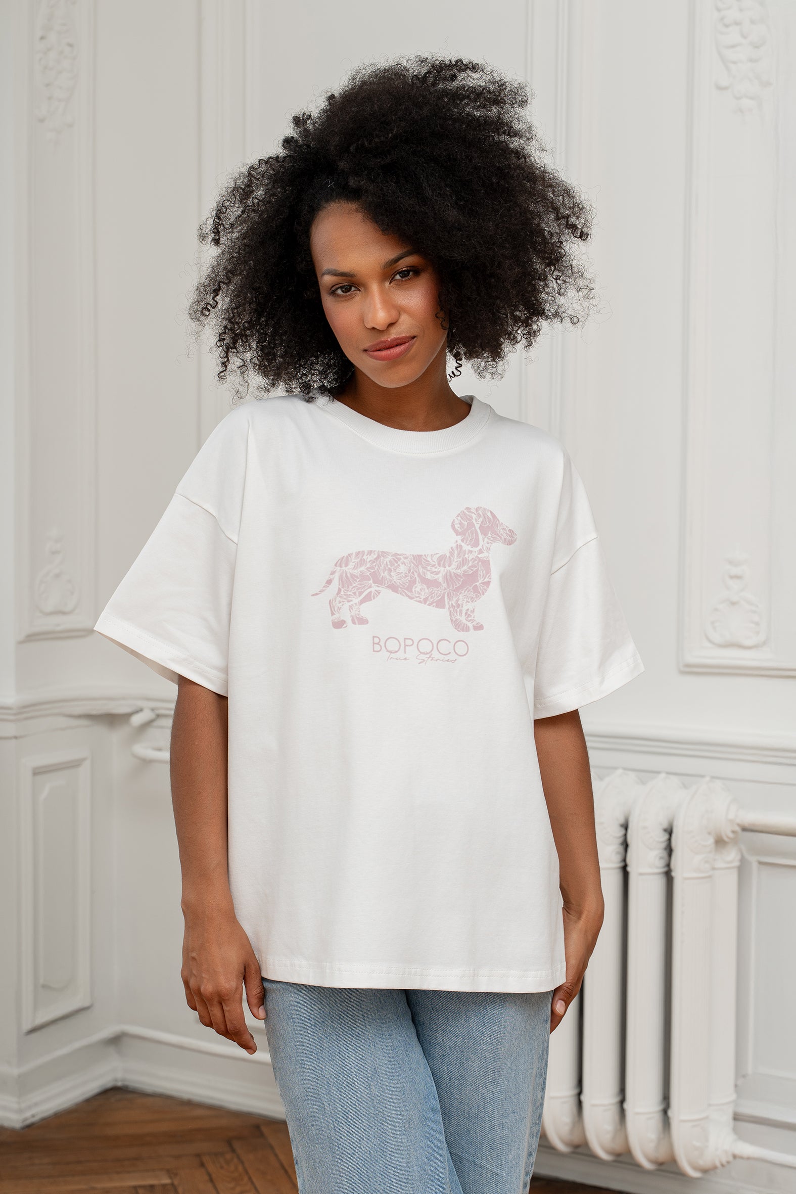 T-SHIRT ŚMIETANKOWY JAMNIK RÓŻOWY