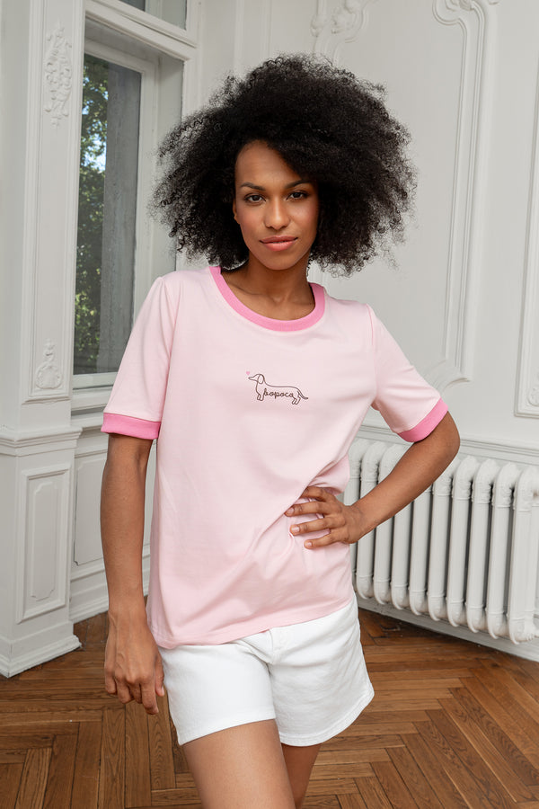 T-SHIRT PUDROWORÓŻOWY JAMNIK BOPOCO Z LAMÓWKĄ