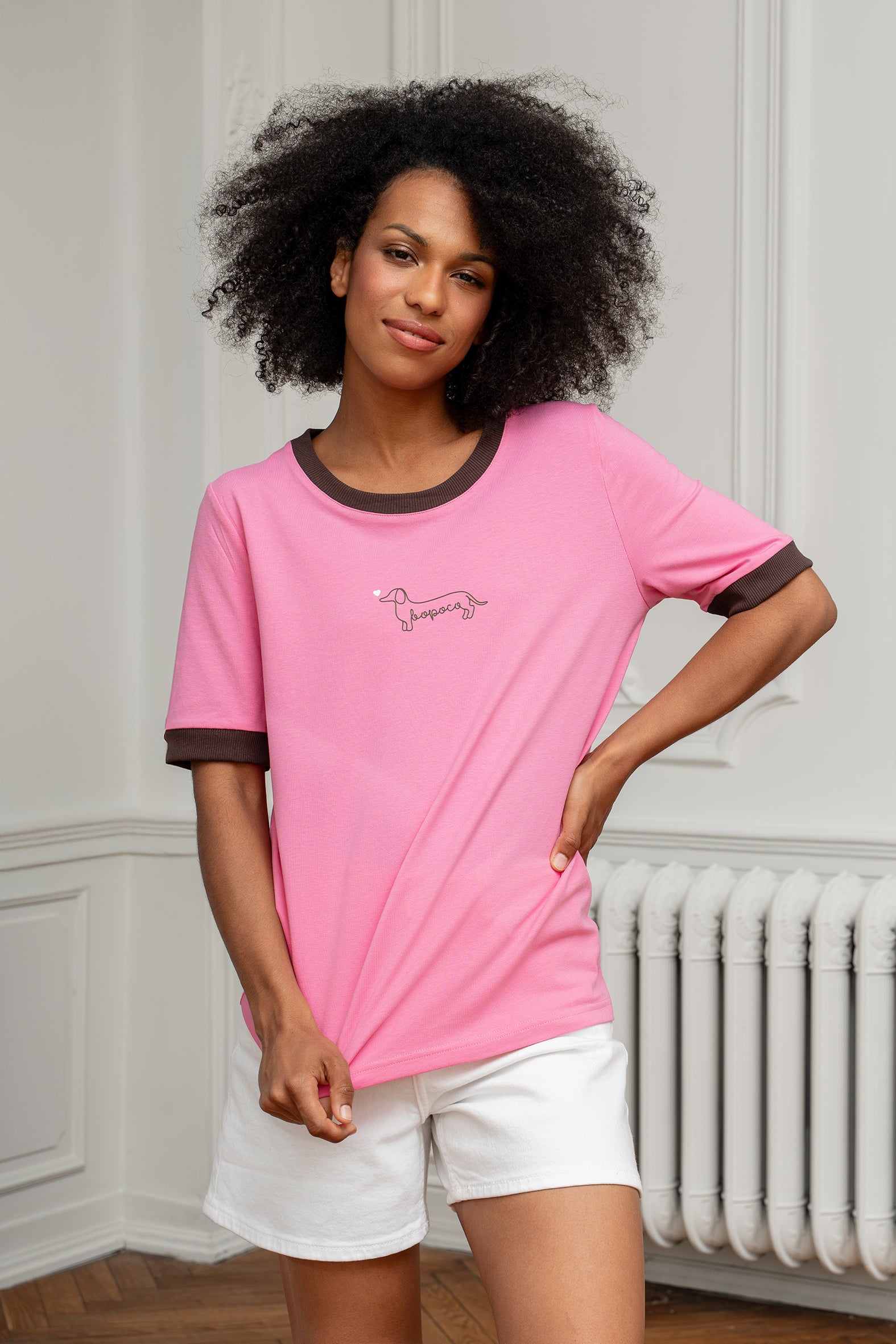 T-SHIRT RÓŻOWY JAMNIK BOPOCO Z LAMÓWKĄ