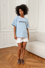 T-SHIRT BOPOCO BŁĘKITNY Z RÓŻOWĄ LAMÓWKĄ