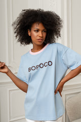 T-SHIRT BOPOCO BŁĘKITNY Z RÓŻOWĄ LAMÓWKĄ