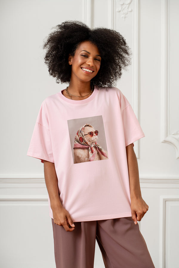 T-SHIRT KOT W CHUSTCE RÓŻOWY