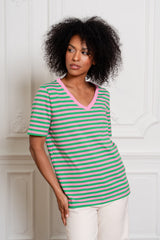 T-SHIRT V-NECK W PASKI RÓŻOWO-ZIELONE image 1