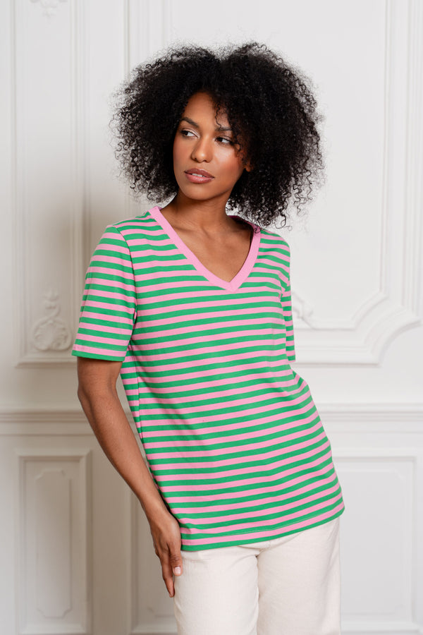 T-SHIRT V-NECK W PASKI RÓŻOWO-ZIELONE image 1