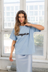 T-SHIRT BOPOCO NIEBIESKI Z BRĄZOWYM HAFTEM image 0