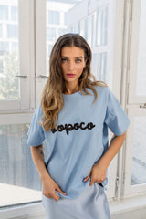T-SHIRT BOPOCO NIEBIESKI Z BRĄZOWYM HAFTEM image 2