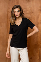 T-SHIRT BASIC BOPOCO NORMAL V-NECK CZARNY image 0
