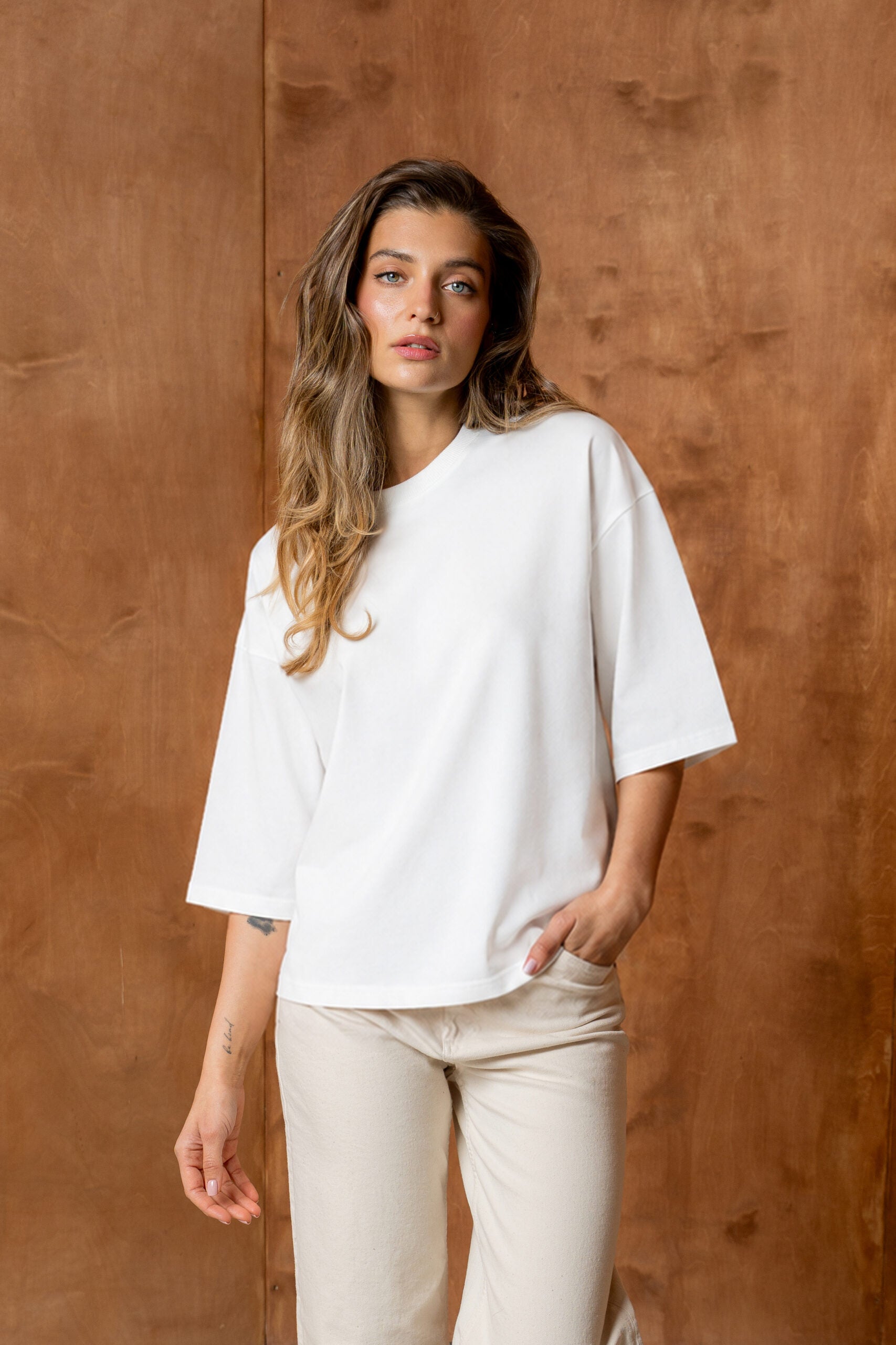 T-SHIRT BASIC BOPOCO OVERSIZE RĘKAW 3/4 BIAŁY image 1