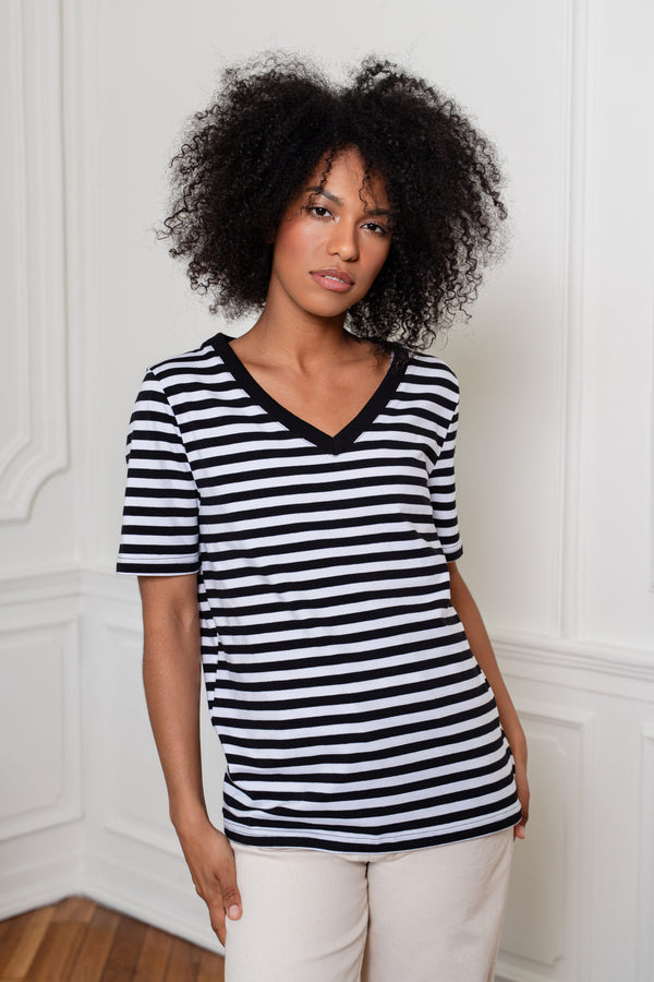 T-SHIRT V-NECK W PASKI CZARNO-BIAŁE image 1