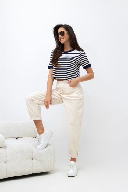 T-SHIRT W PASKI GRANATOWO-BEŻOWE