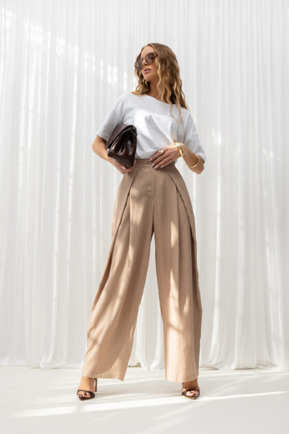 SPODNIE ROMA BEŻOWE W PASKI