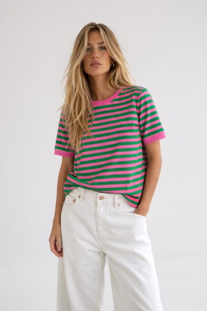 T-SHIRT W PASKI RÓŻOWO-ZIELONE