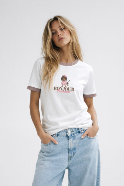 T-SHIRT ŚMIETANKOWY BONJOUR Z LAMÓWKĄ