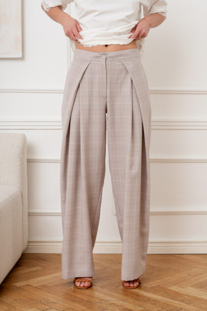 SPODNIE ROMA BEŻOWE W KRATĘ
