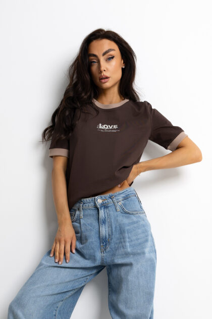 T-SHIRT BRĄZOWY LOVE Z LAMÓWKĄ