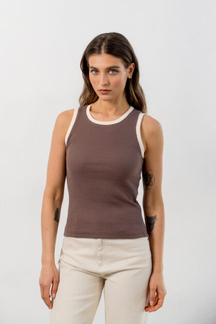 TOP BRĄZOWY Z KREMOWĄ LAMOWKĄ