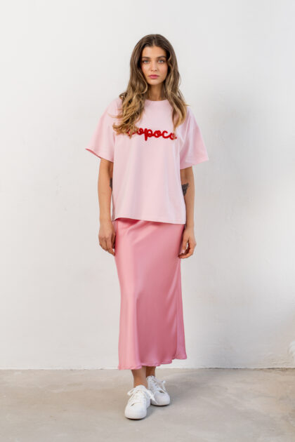 T-SHIRT BOPOCO RÓŻOWY Z CZERWONYM HAFTEM