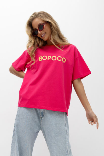 T-SHIRT BOPOCO RÓŻOWY Z POMARAŃCZOWĄ LAMÓWKĄ