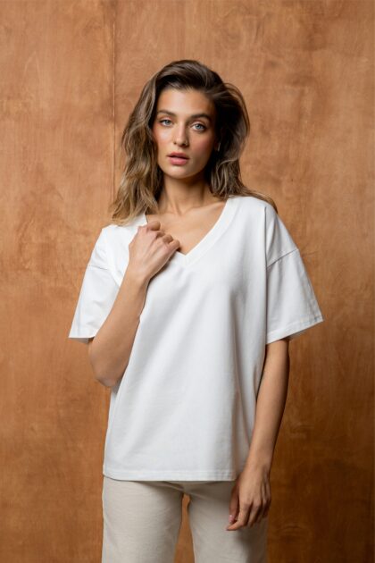 T-SHIRT BASIC BOPOCO OVERSIZE V-NECK BIAŁY