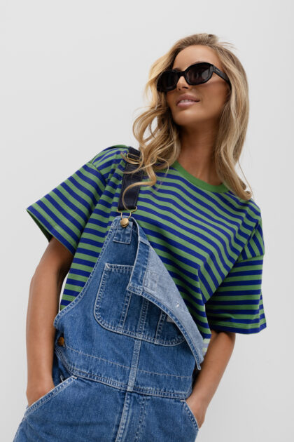 T-SHIRT OVERSIZE W PASKI ZIELONO-CHABROWE