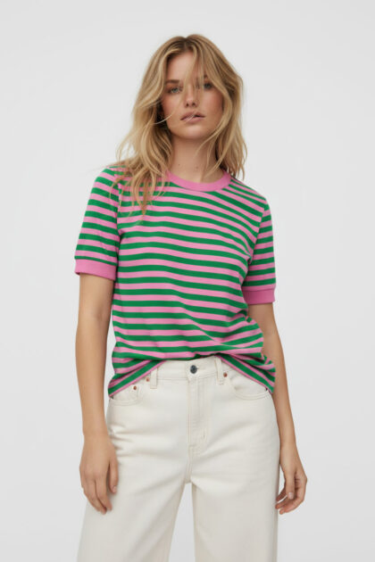 T-SHIRT W PASKI RÓŻOWO-ZIELONE