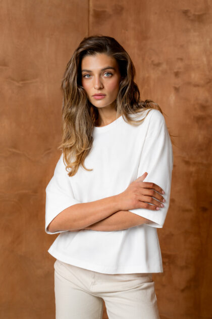 T-SHIRT BASIC BOPOCO OVERSIZE RĘKAW 3/4 BIAŁY
