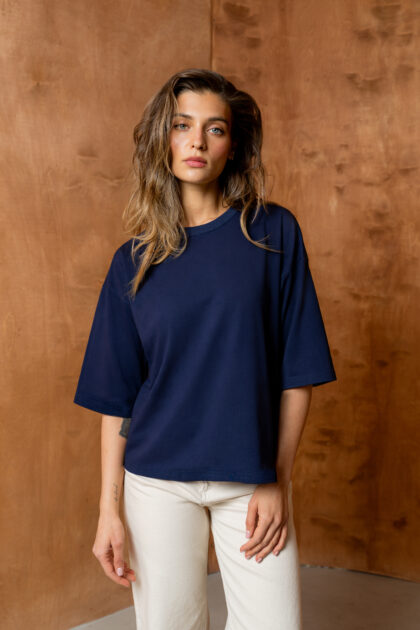 T-SHIRT BASIC BOPOCO OVERSIZE RĘKAW 3/4  GRANATOWY