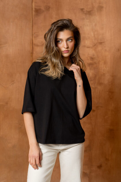 T-SHIRT BASIC BOPOCO OVERSIZE RĘKAW 3/4 CZARNY