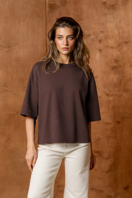 T-SHIRT BASIC BOPOCO OVERSIZE RĘKAW 3/4 BRĄZOWY