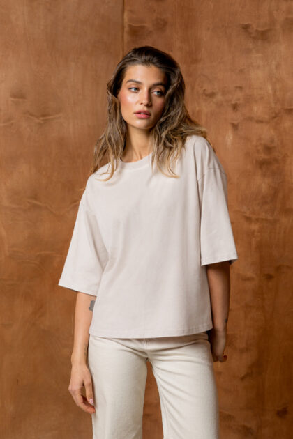 T-SHIRT BASIC BOPOCO OVERSIZE RĘKAW 3/4 BEŻOWY