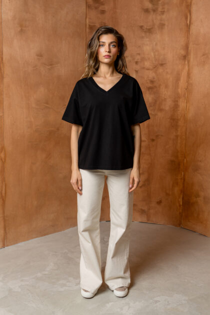 T-SHIRT BASIC BOPOCO OVERSIZE V-NECK CZARNY
